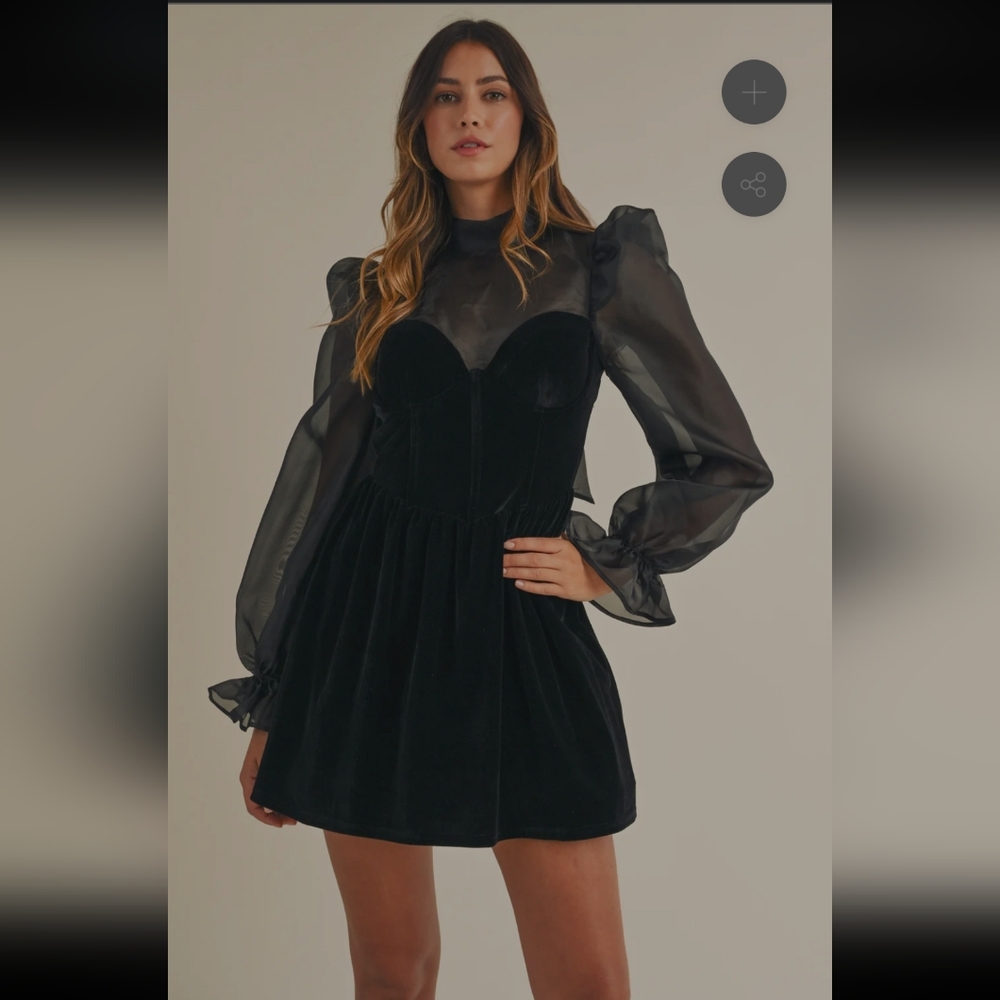 Women's Black Velvet & Sheer Long-Sleeve Mini Dress